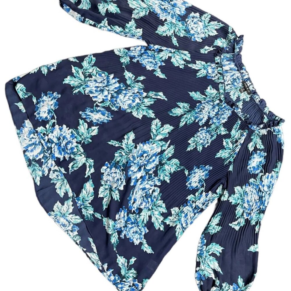 Sami & Jo Women Blouse Plus Size Medium M Blue-Floral V-Neck Long Sleeves Ruched